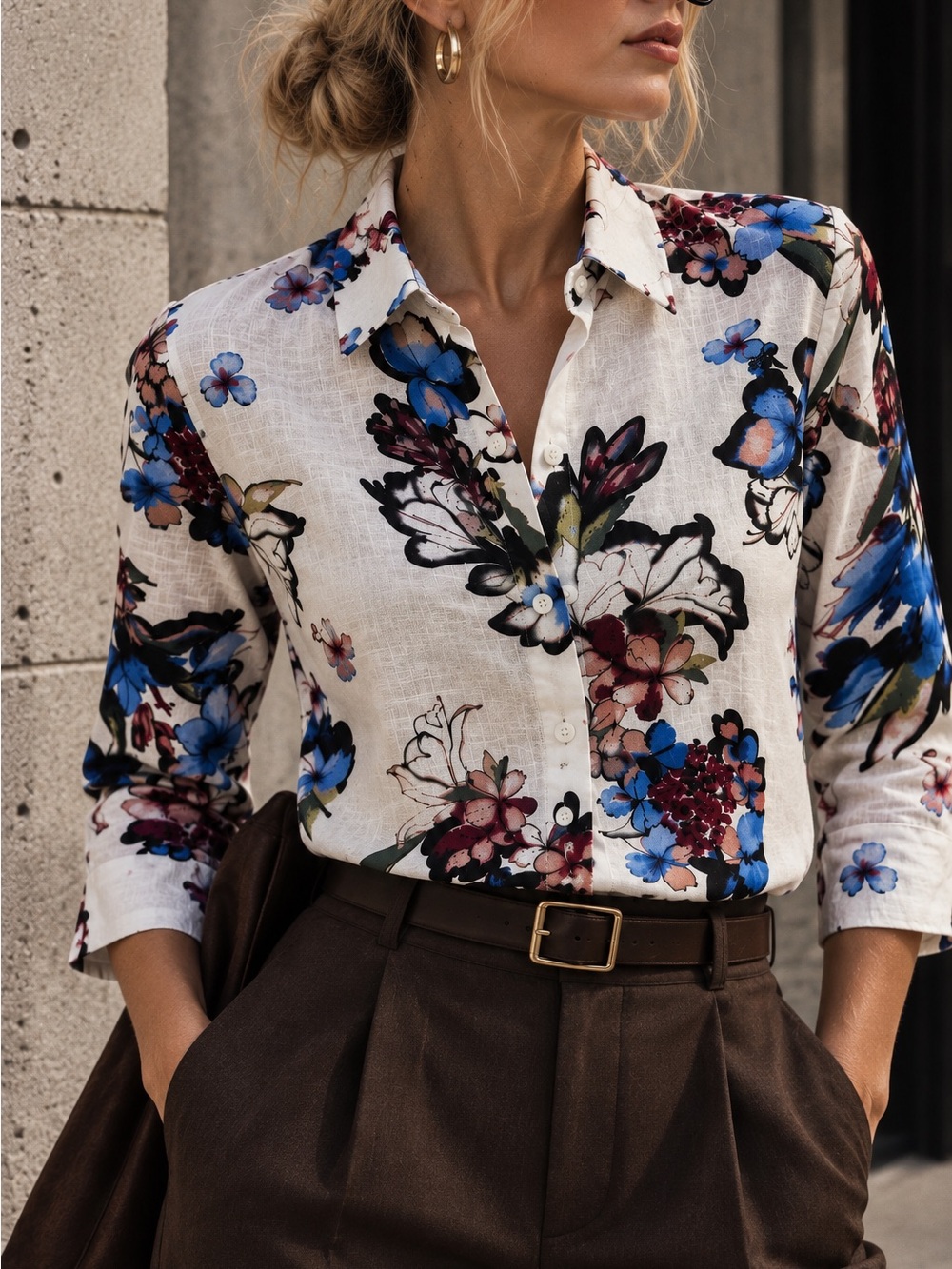 Faith & Joy 100% Linen Floral Button Down Shirt Blouse M